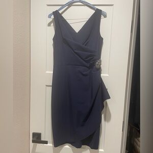 Alex Evenings Asymmetrical Navy Dress with Embellished Brooch